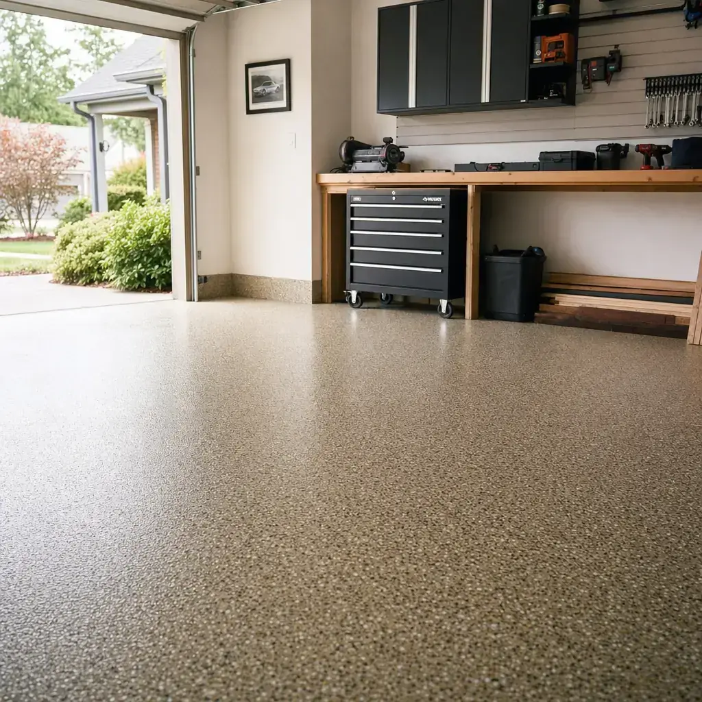 a tan flake epoxy floor in a residential garage