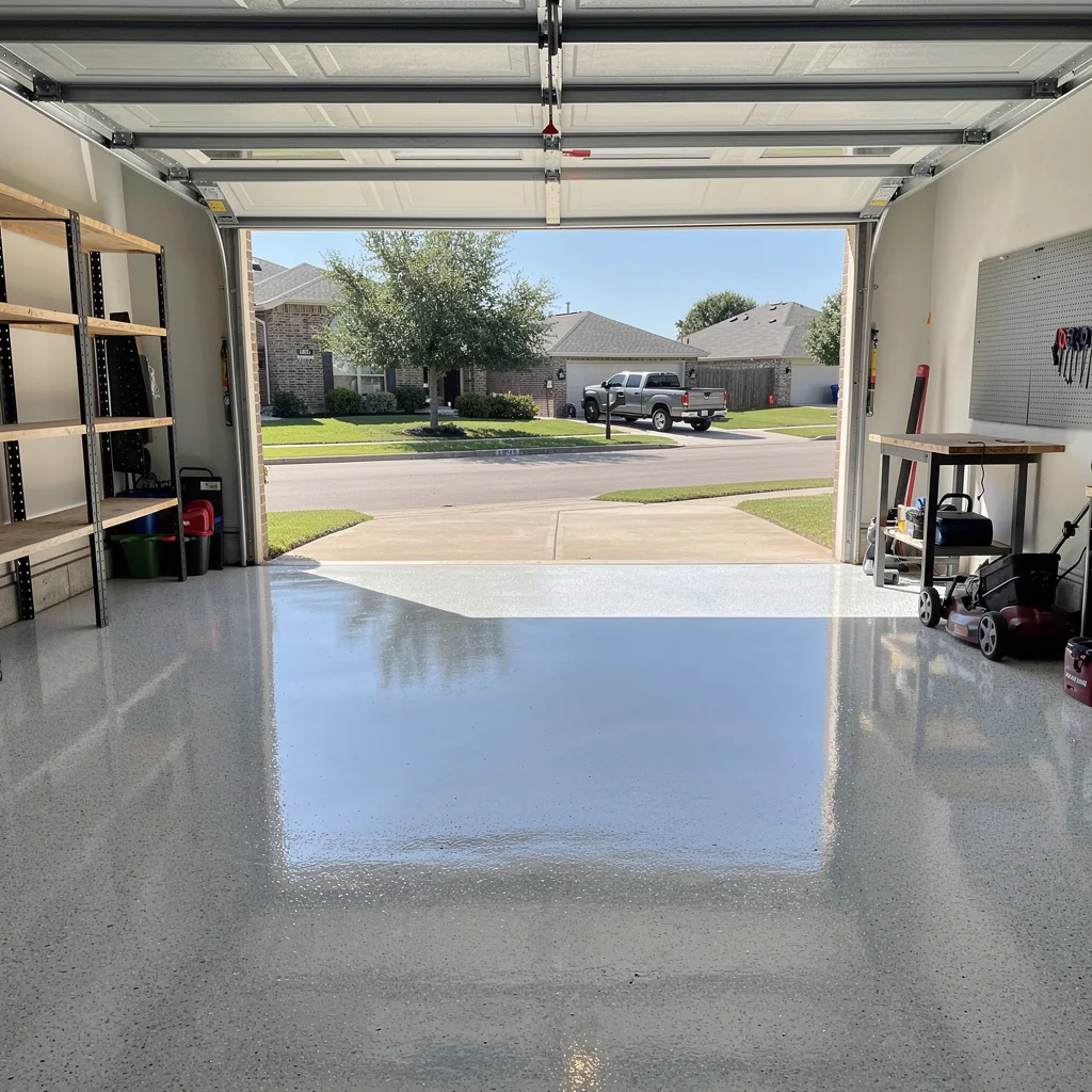 a glossy grey flake epoxy garage floor looking out to a suburban street