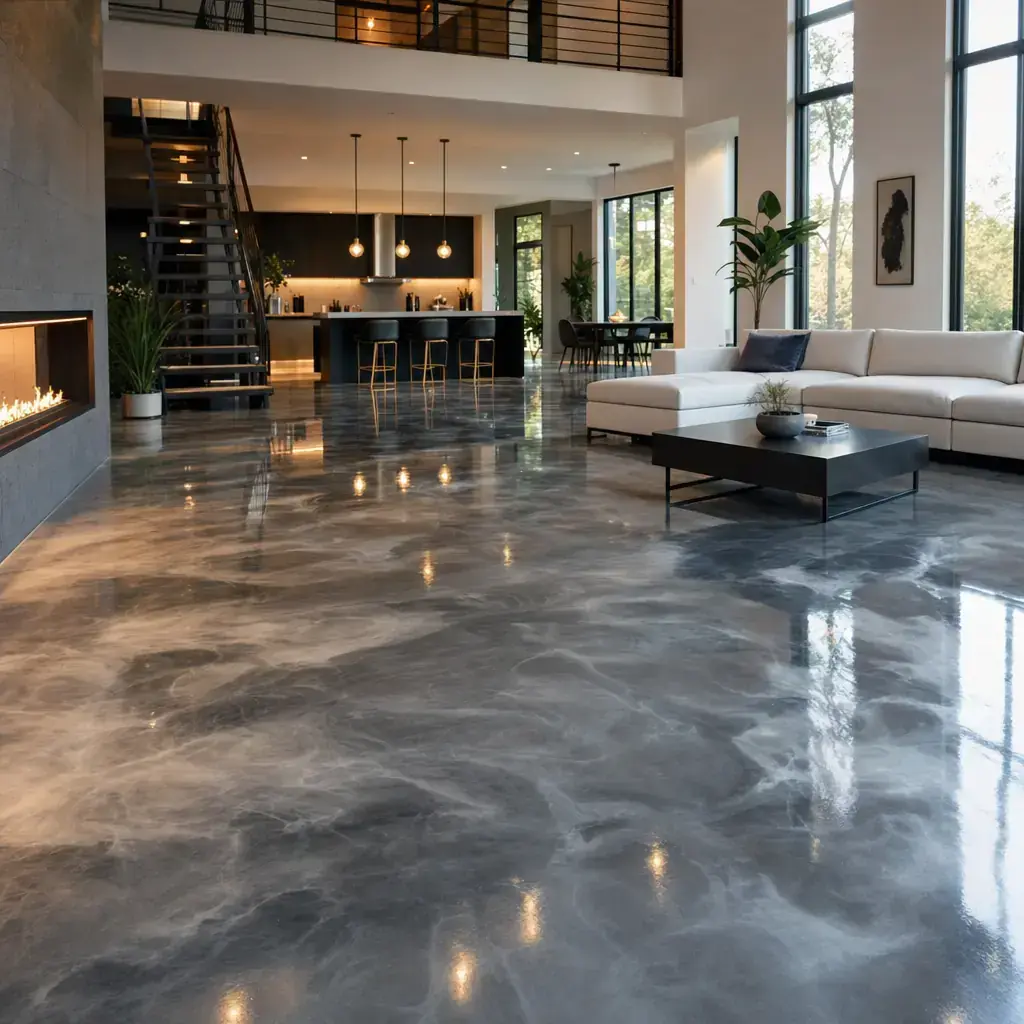 a grey and white marbled metallic floor in an open-plan living room